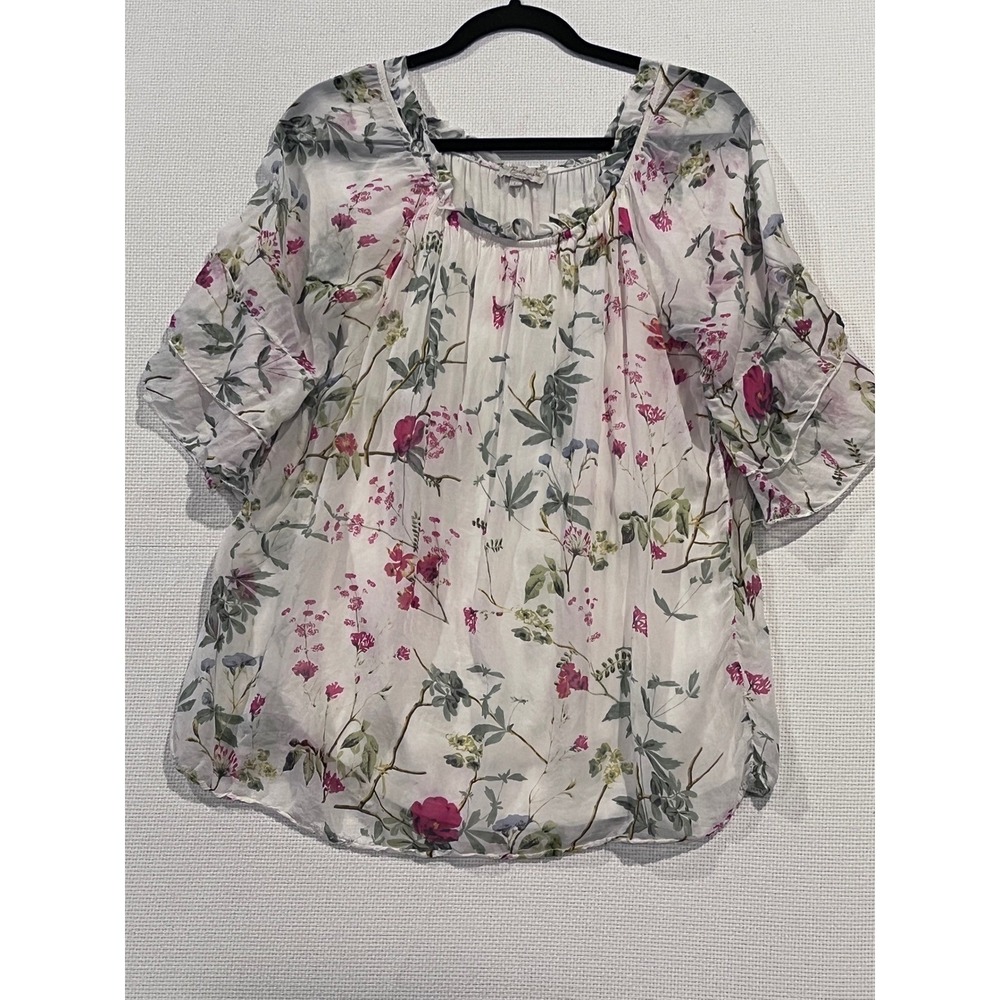 Bellambra Made in Italy 100% Silk‎ Floral Flutter Sleeve Blouse White Pink Med